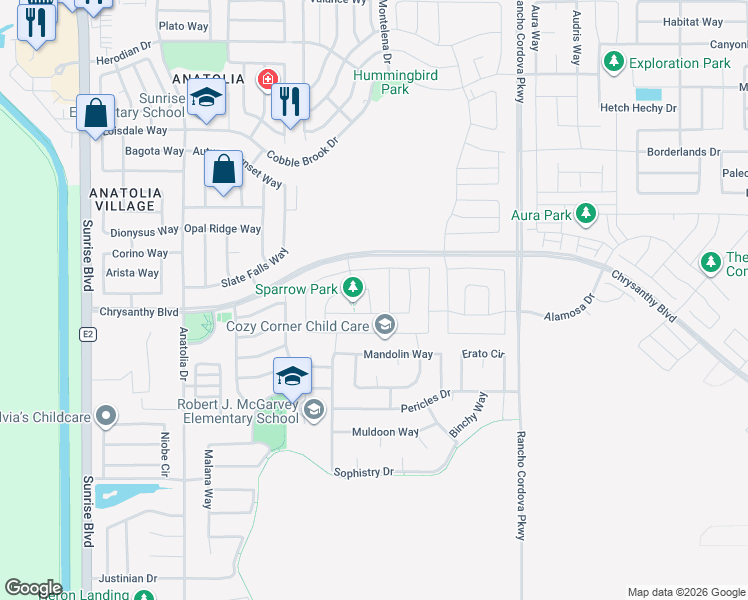 map of restaurants, bars, coffee shops, grocery stores, and more near 11961 Montron Way in Rancho Cordova