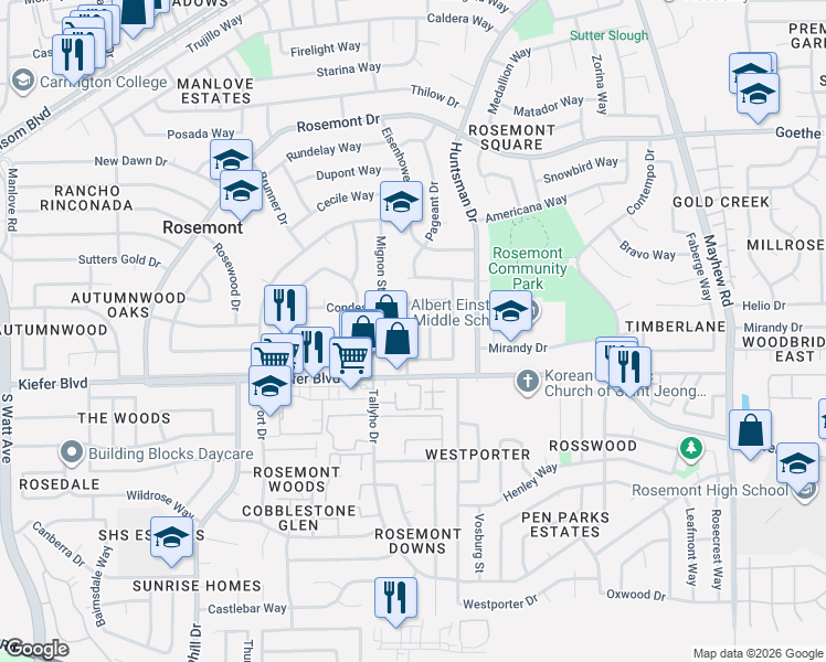 map of restaurants, bars, coffee shops, grocery stores, and more near 3624 Kingsport Way in Sacramento