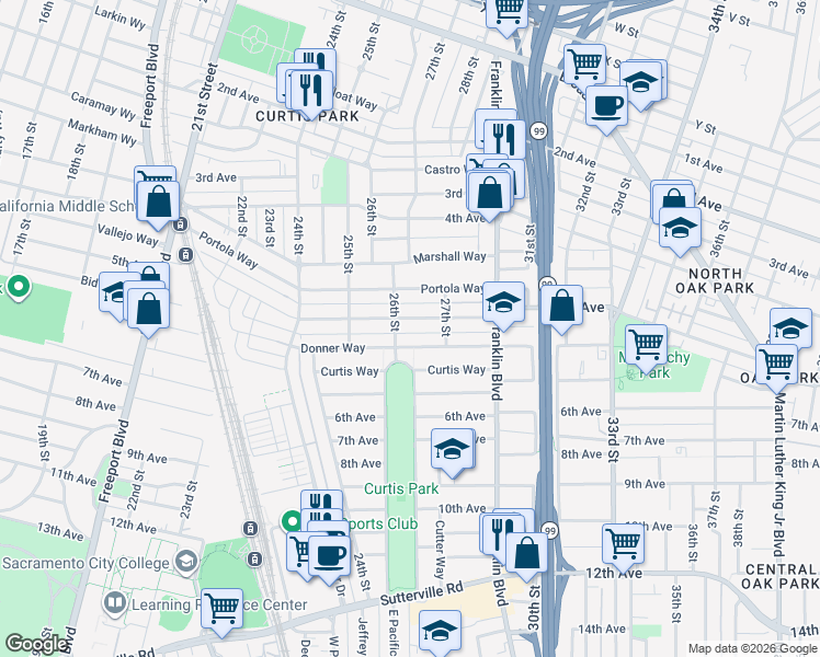 map of restaurants, bars, coffee shops, grocery stores, and more near 2633 Donner Way in Sacramento