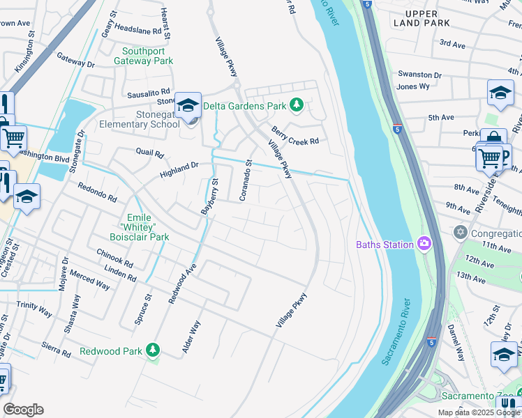 map of restaurants, bars, coffee shops, grocery stores, and more near 2711 Edgewater Court in West Sacramento
