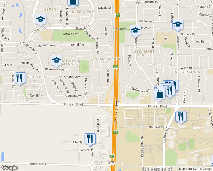 map of restaurants, bars, coffee shops, grocery stores, and more near 609 Adams Street in Davis