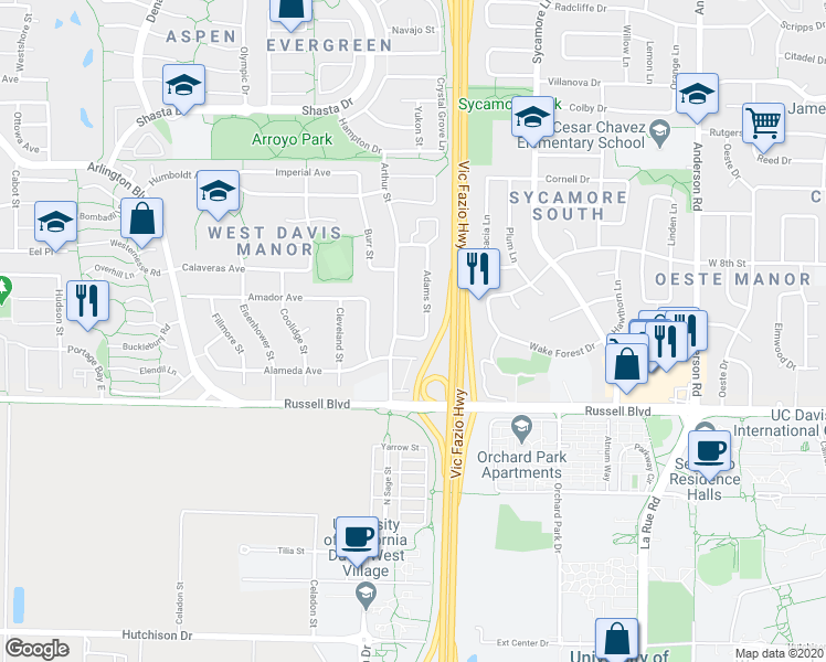 map of restaurants, bars, coffee shops, grocery stores, and more near 609 Adams Street in Davis