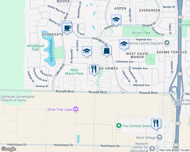 map of restaurants, bars, coffee shops, grocery stores, and more near 2659 Portage Bay East in Davis