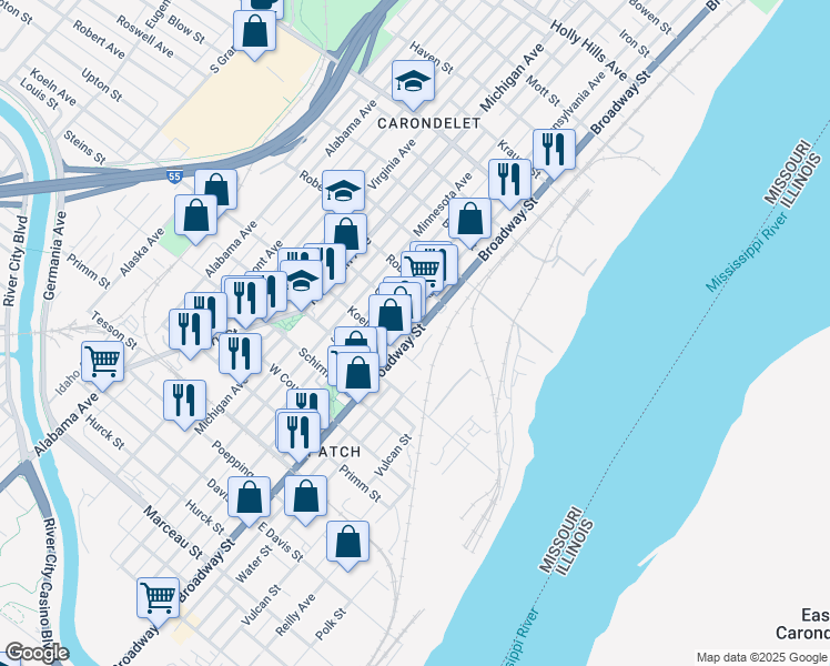 map of restaurants, bars, coffee shops, grocery stores, and more near 7411A South Broadway in St. Louis