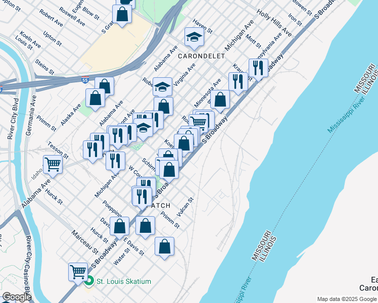map of restaurants, bars, coffee shops, grocery stores, and more near 7411A South Broadway in St. Louis