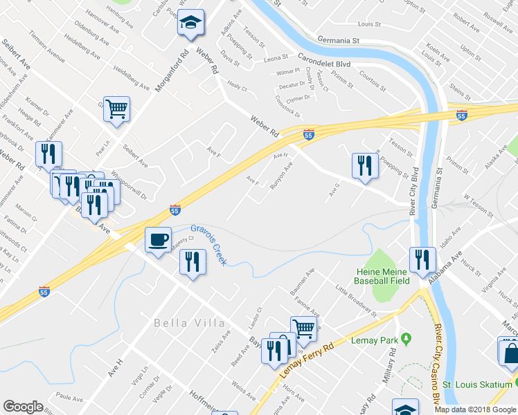 map of restaurants, bars, coffee shops, grocery stores, and more near 3838 Avenue F in St. Louis