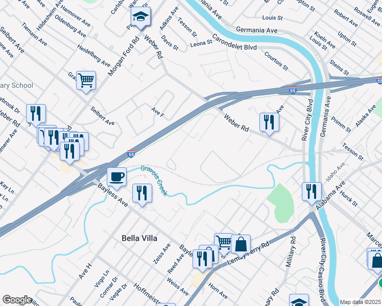 map of restaurants, bars, coffee shops, grocery stores, and more near 3838 Avenue F in St. Louis