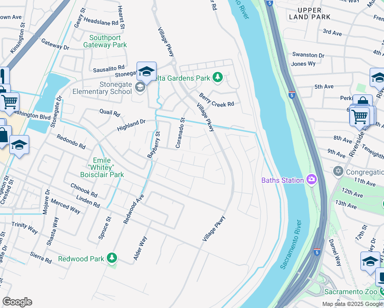 map of restaurants, bars, coffee shops, grocery stores, and more near 2711 Edgewater Court in West Sacramento