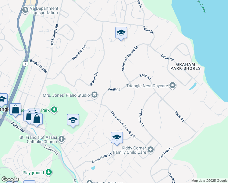 map of restaurants, bars, coffee shops, grocery stores, and more near 18629 Kerill Road in Triangle