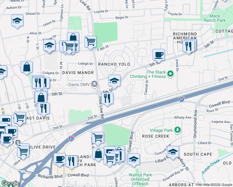 map of restaurants, bars, coffee shops, grocery stores, and more near 2100 5th Street in Davis