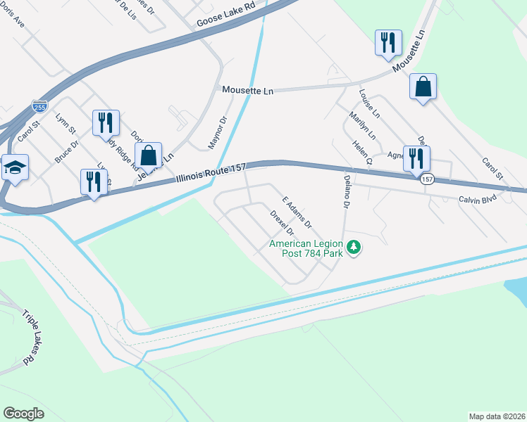 map of restaurants, bars, coffee shops, grocery stores, and more near 15 Drexel Drive in Cahokia