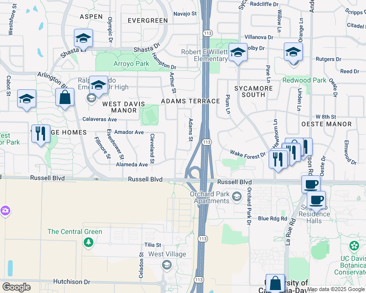 map of restaurants, bars, coffee shops, grocery stores, and more near 611 Adams Street in Davis