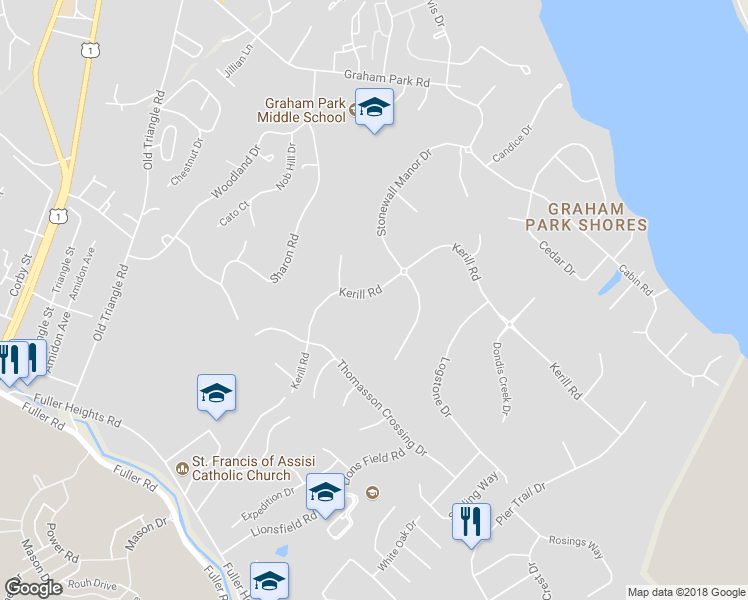 map of restaurants, bars, coffee shops, grocery stores, and more near 18617 Kerill Road in Triangle