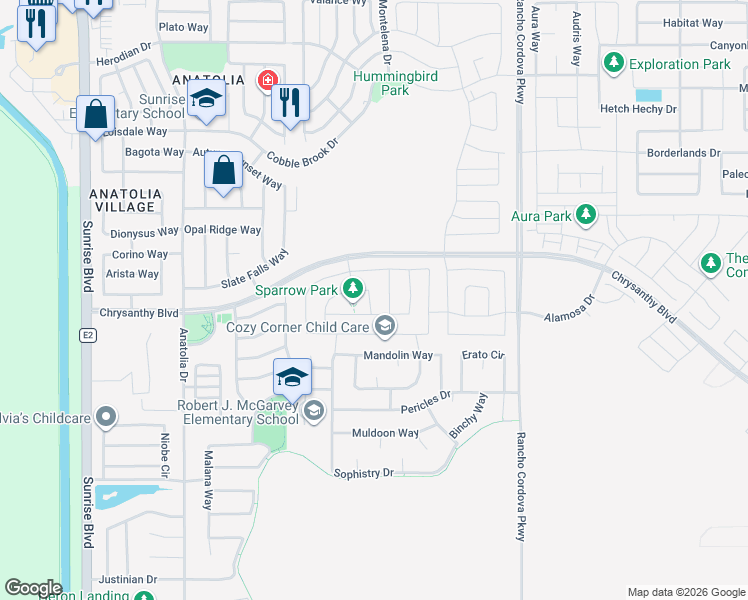map of restaurants, bars, coffee shops, grocery stores, and more near 11961 Montron Way in Rancho Cordova
