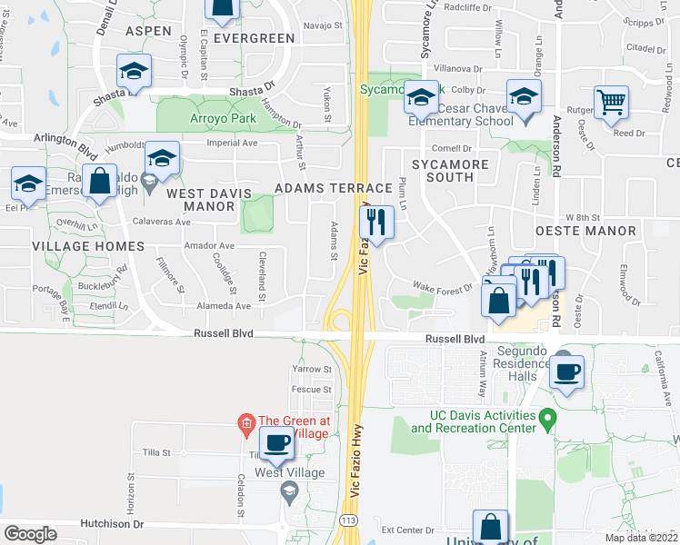map of restaurants, bars, coffee shops, grocery stores, and more near 620 Adams Street in Davis