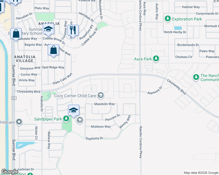 map of restaurants, bars, coffee shops, grocery stores, and more near 4243 Parnassus Drive in Rancho Cordova