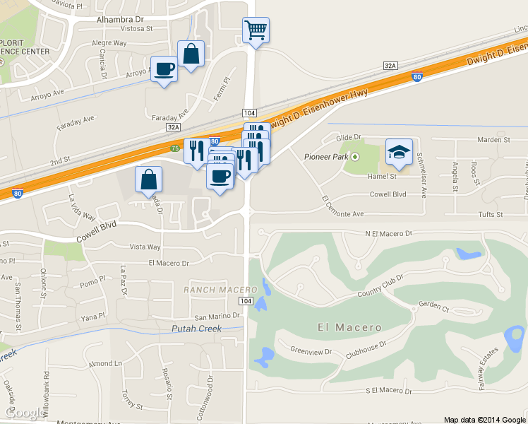 map of restaurants, bars, coffee shops, grocery stores, and more near in Davis