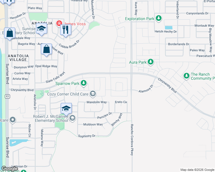 map of restaurants, bars, coffee shops, grocery stores, and more near 4243 Parnassus Drive in Rancho Cordova
