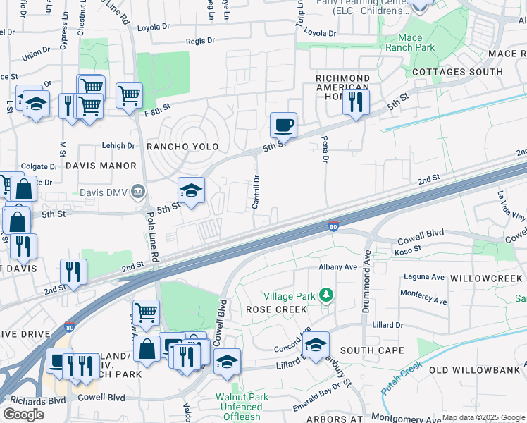 map of restaurants, bars, coffee shops, grocery stores, and more near 2613 2nd Street in Davis