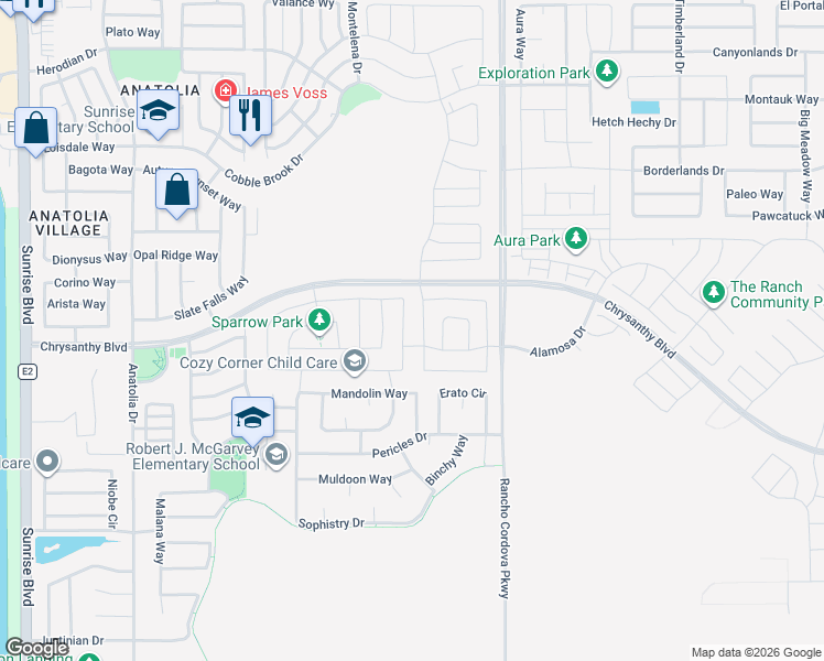 map of restaurants, bars, coffee shops, grocery stores, and more near 4243 Parnassus Drive in Rancho Cordova