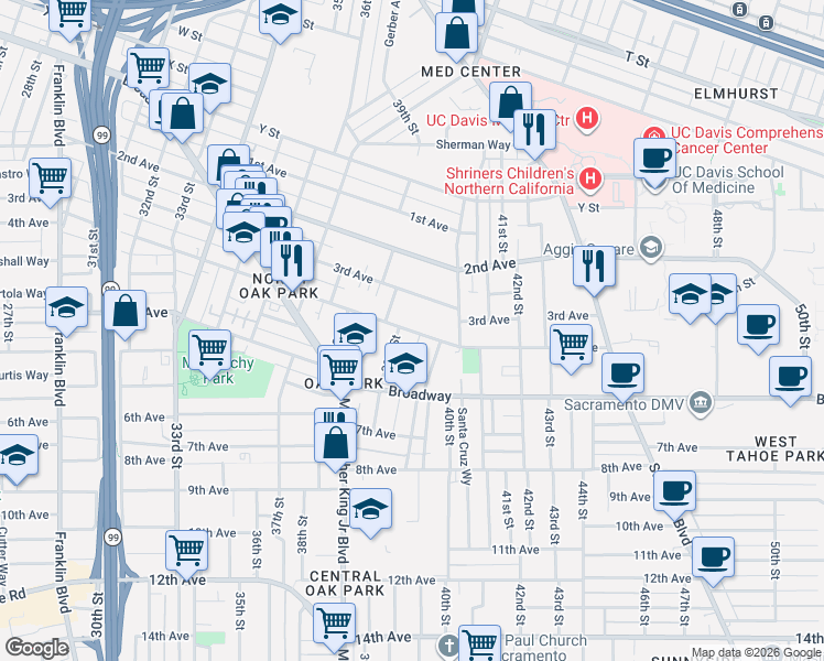 map of restaurants, bars, coffee shops, grocery stores, and more near 2915 39th Street in Sacramento