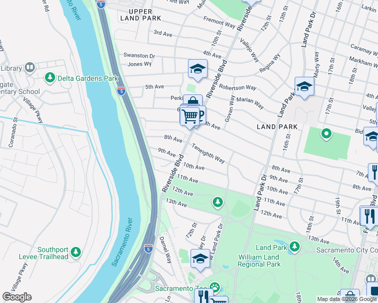 map of restaurants, bars, coffee shops, grocery stores, and more near 1042 9th Avenue in Sacramento