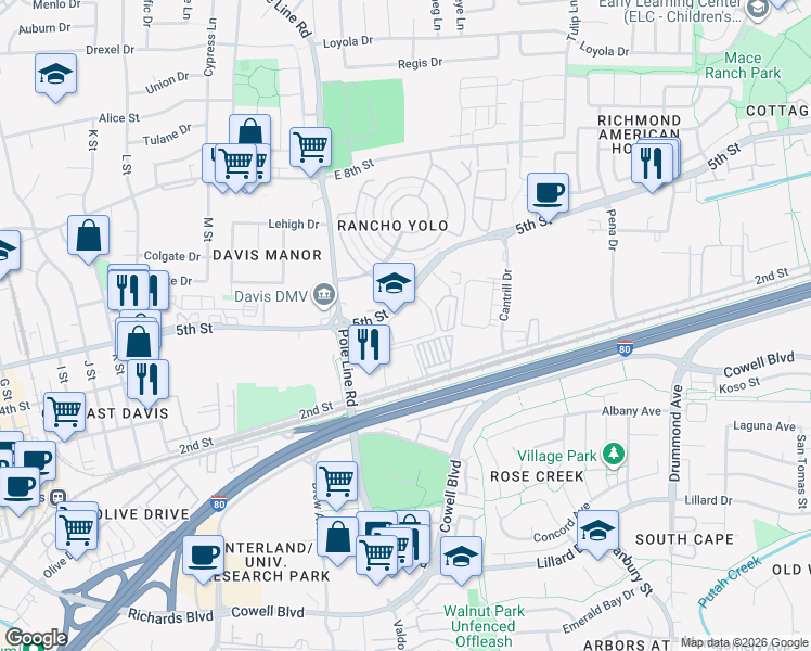 map of restaurants, bars, coffee shops, grocery stores, and more near 2100 5th Street in Davis