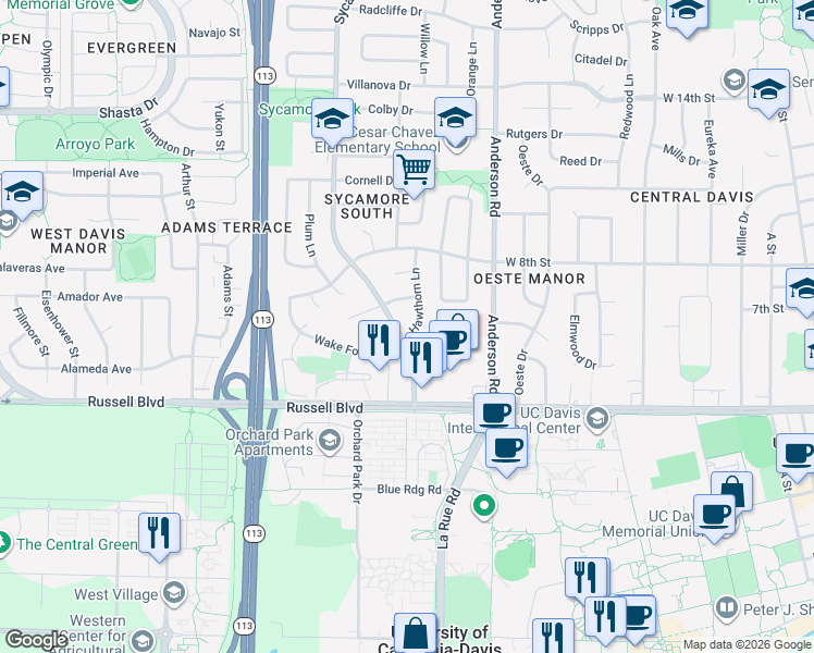 map of restaurants, bars, coffee shops, grocery stores, and more near 705 Hawthorn Lane in Davis