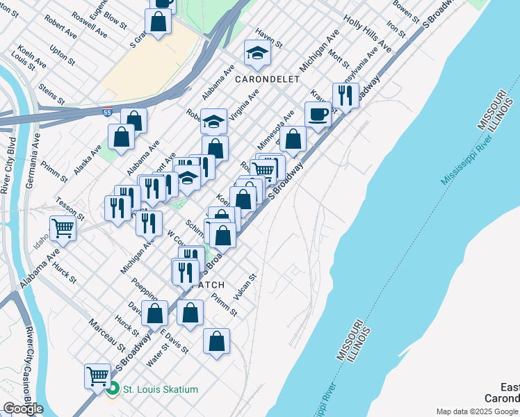 map of restaurants, bars, coffee shops, grocery stores, and more near 7411A South Broadway in St. Louis