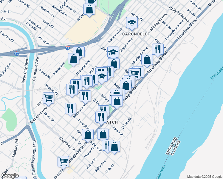 map of restaurants, bars, coffee shops, grocery stores, and more near 218 East Steins Street in St. Louis