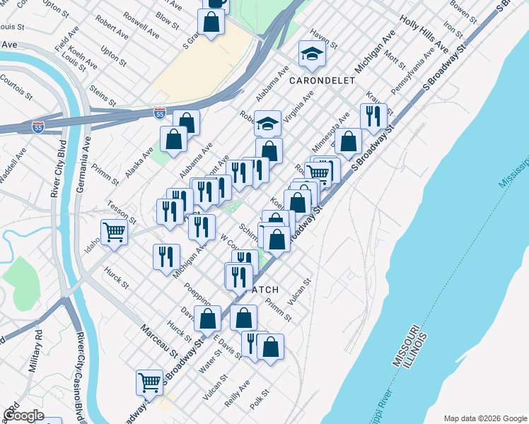 map of restaurants, bars, coffee shops, grocery stores, and more near 225 West Steins Street in St. Louis
