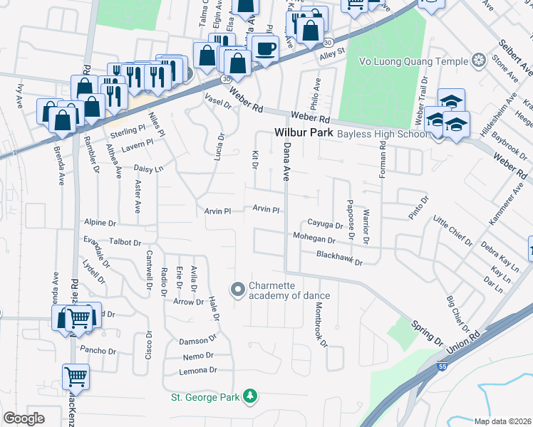 map of restaurants, bars, coffee shops, grocery stores, and more near 8935 Felicia Drive in Affton