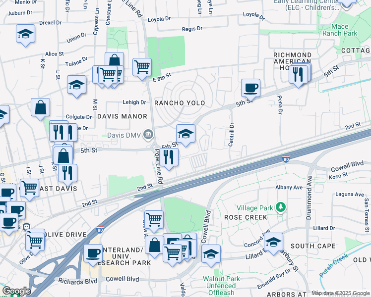 map of restaurants, bars, coffee shops, grocery stores, and more near 2100 5th Street in Davis