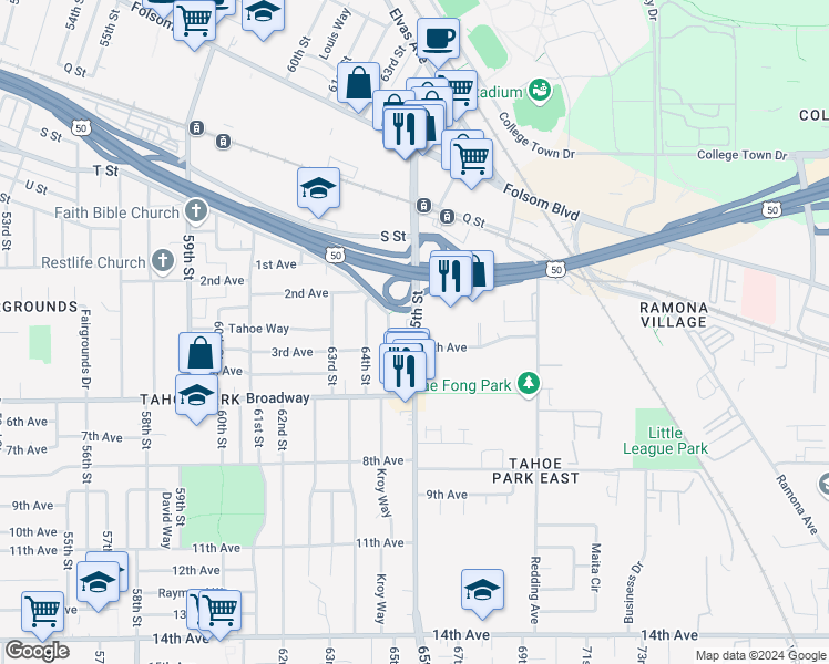 map of restaurants, bars, coffee shops, grocery stores, and more near 65th Street in Sacramento