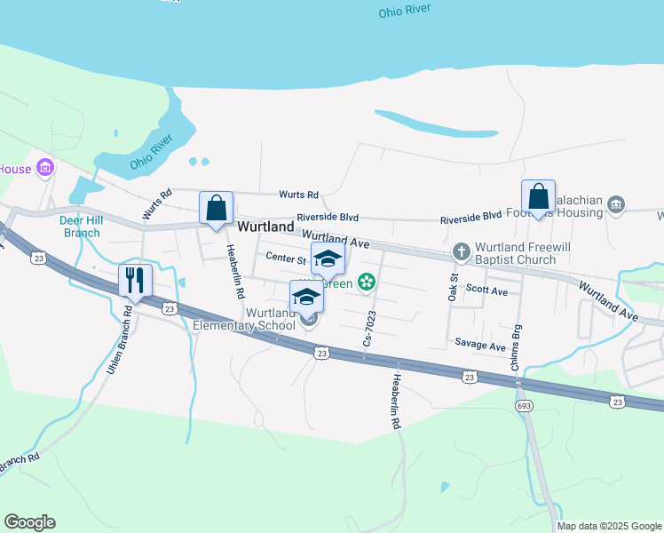 map of restaurants, bars, coffee shops, grocery stores, and more near Center Ave in Wurtland