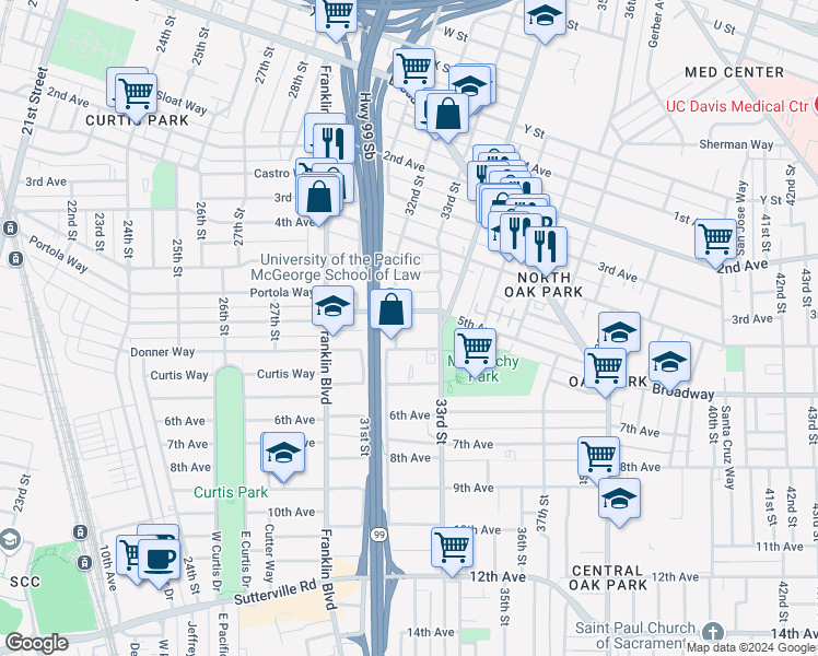 map of restaurants, bars, coffee shops, grocery stores, and more near 3200 5th Avenue in Sacramento