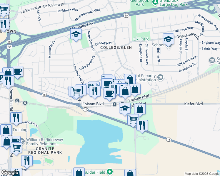 map of restaurants, bars, coffee shops, grocery stores, and more near 8371 Folsom Boulevard in Sacramento