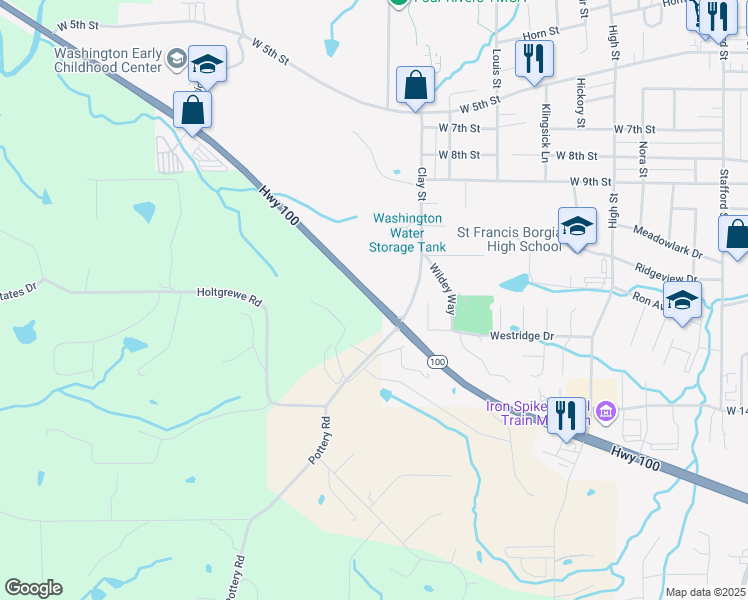 map of restaurants, bars, coffee shops, grocery stores, and more near 6000 Missouri 100 in Washington