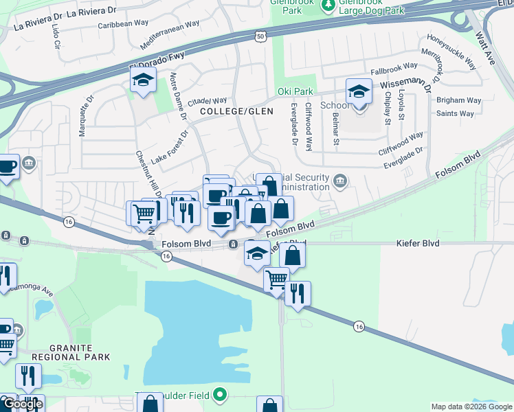 map of restaurants, bars, coffee shops, grocery stores, and more near 3173 Occidental Drive in Sacramento