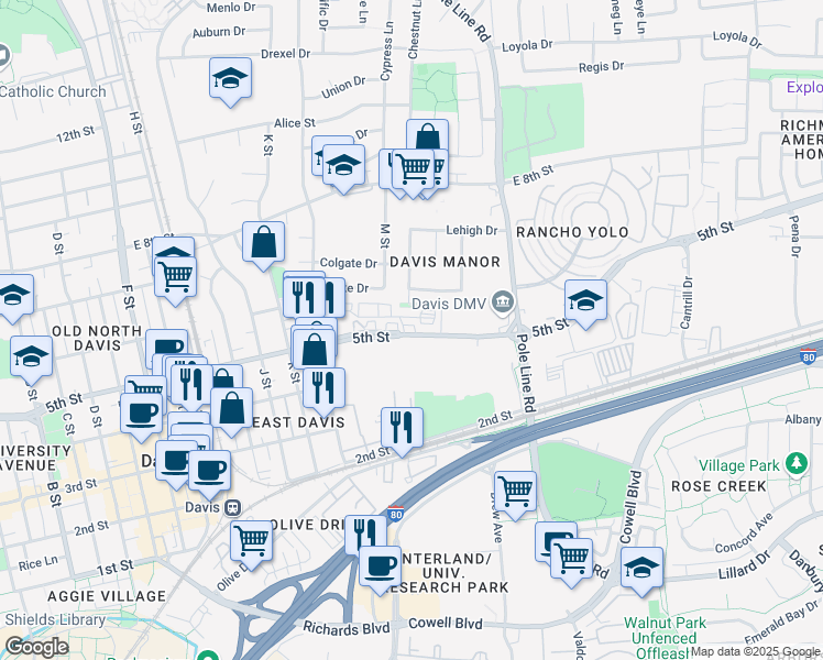 map of restaurants, bars, coffee shops, grocery stores, and more near 1717 5th Street in Davis