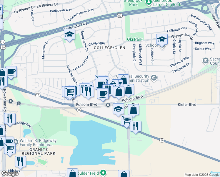 map of restaurants, bars, coffee shops, grocery stores, and more near 8371 Folsom Boulevard in Sacramento