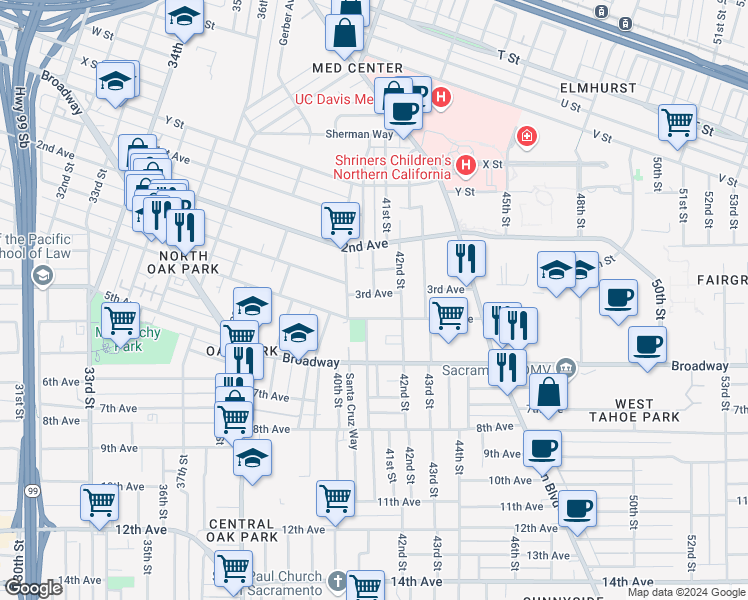 map of restaurants, bars, coffee shops, grocery stores, and more near 4079 4th Avenue in Sacramento