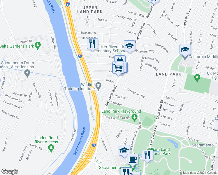 map of restaurants, bars, coffee shops, grocery stores, and more near 1000 9th Avenue in Sacramento