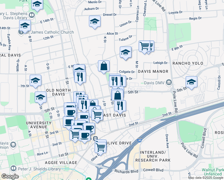 map of restaurants, bars, coffee shops, grocery stores, and more near 1205 5th Street in Davis