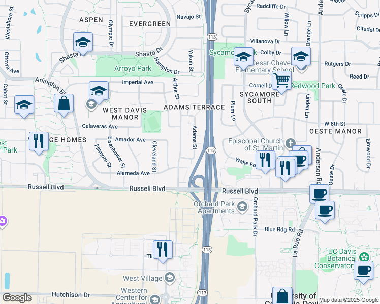 map of restaurants, bars, coffee shops, grocery stores, and more near 603 Adams Street in Davis