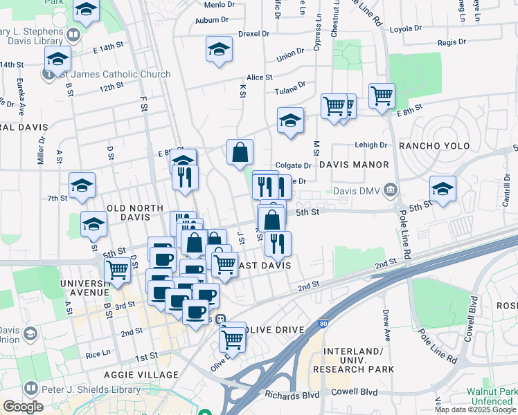 map of restaurants, bars, coffee shops, grocery stores, and more near 1205 5th Street in Davis