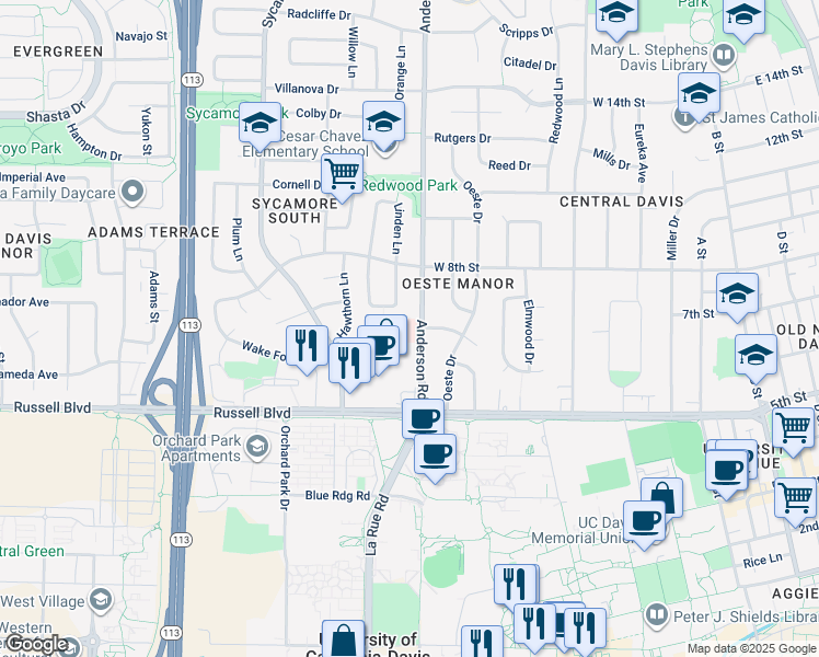 map of restaurants, bars, coffee shops, grocery stores, and more near 635 Anderson Road in Davis