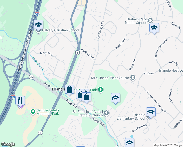 map of restaurants, bars, coffee shops, grocery stores, and more near 18559 Old Triangle Road in Triangle