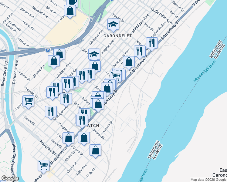 map of restaurants, bars, coffee shops, grocery stores, and more near 7401 South Broadway in St. Louis