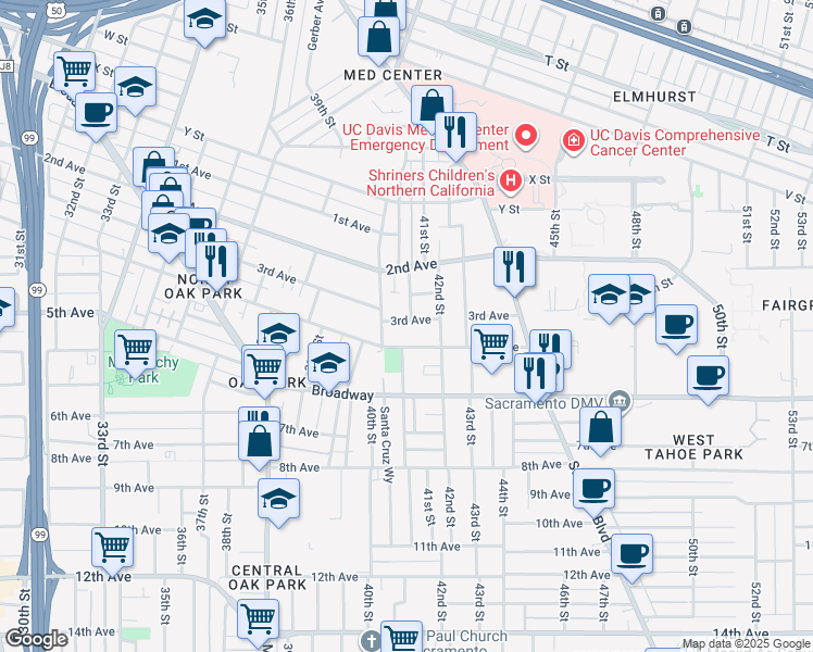 map of restaurants, bars, coffee shops, grocery stores, and more near 4054 3rd Avenue in Sacramento